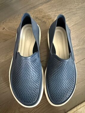 CROCS Navy Perforated Slip-On Shoes with Cream Soles
